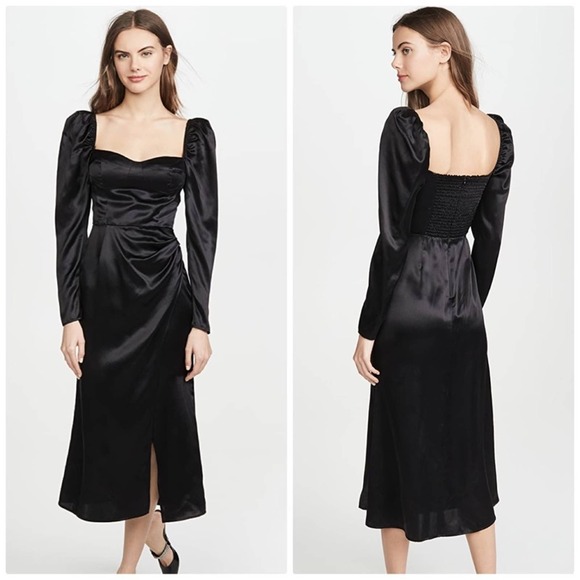 Reformation‎ Women's Black Rey Long puff sleeves 100% Silk Dress Size 6